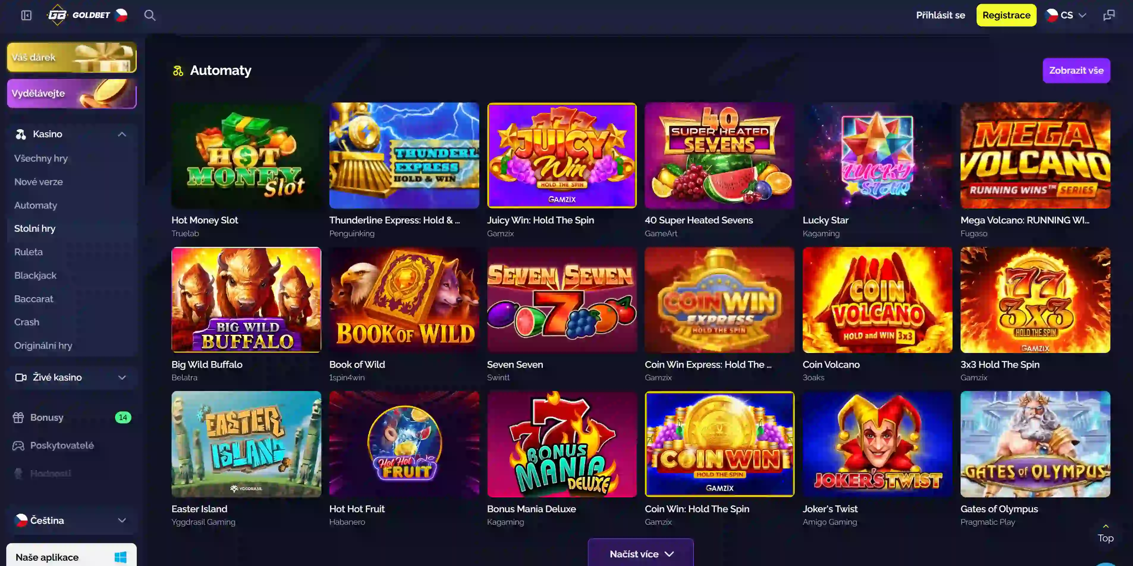 Přehled kategorií her v hlavním menu Goldbet Casino