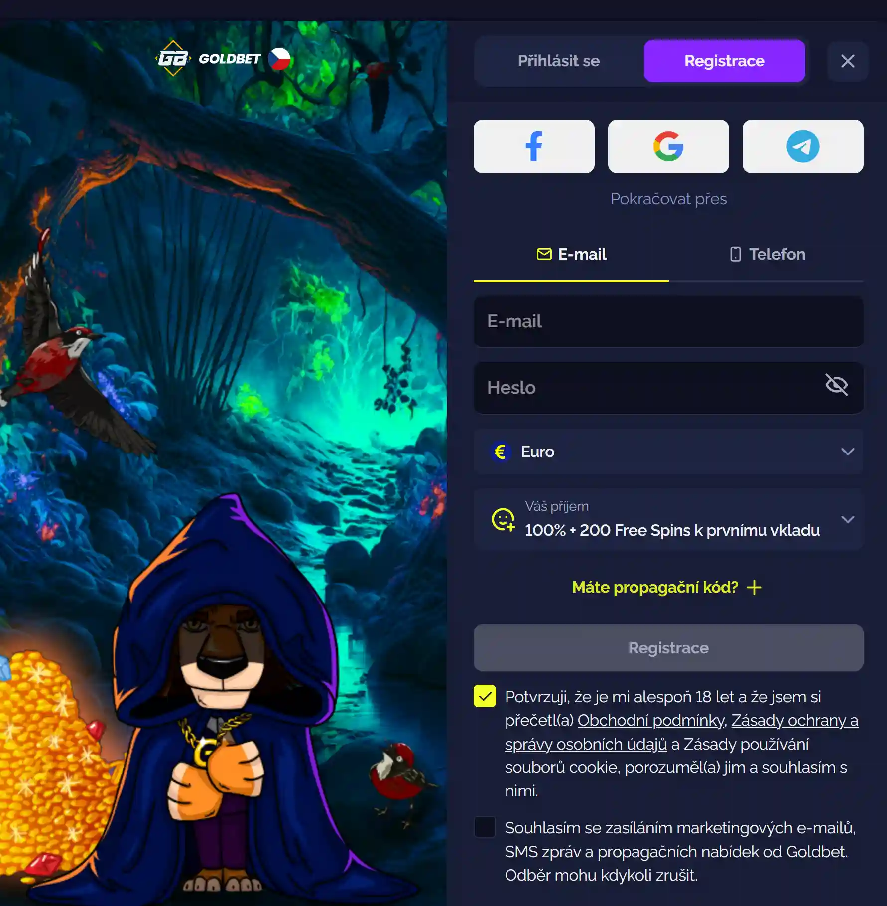 Registrační formulář Goldbet Casino s poli pro e-mail a heslo